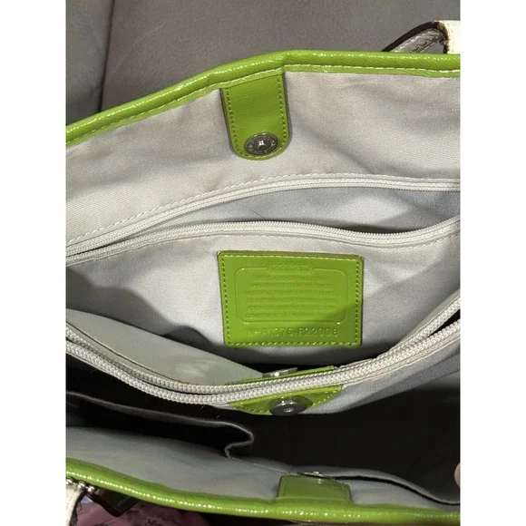 Coach Signature Monogram Tote Bag Blue Green White Leather Trim 15" by 11" - Picture 10 of 11